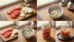 Pomidory w słoikach na zimę – plastry z cebulą w lekko słodko-kwaśnej zalewie