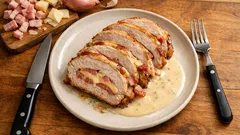 Pieczona rolada mięsna z serem i szynką na talerzu, sos i sztućce na drewnianym stole.