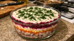 Warstwowa sałatka śledziowa „pod pierzynką” – prosta i efektowna w przezroczystej misce