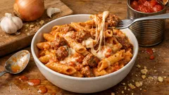 Makaron z serem, kulkami mięsnymi i sosem pomidorowym w misce na drewnianym stole