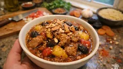 Polędwiczka jak z tadżinu: duszona z pomidorami, ziemniakami i suszonymi owocami