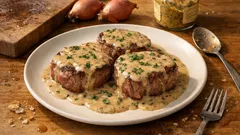 Filet de boeuf Voronoff – idealnie różowe medaliony wołowe w kremowym sosie Dijon