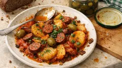 Ziemniaki z merguez z piekarnika – prosta zapiekanka w sosie pomidorowym z oliwkami