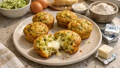 Wytrawne muffiny z cukinią i serem na talerzu, składniki do pieczenia w tle.