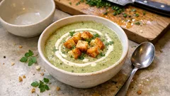 Kremowa zupa brokułowa z grzankami i pietruszką w misce na stole kuchennym