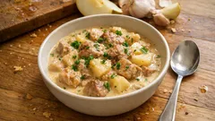 Gulasz wieprzowy z gruszką i białym winem – rozgrzewający obiad z jednego garnka