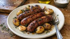 Kiełbasa tuluzańska pieczona z ziemniakami i tymiankiem – prosty obiad z jednej blachy