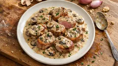 Polędwiczki wieprzowe w sosie grzybowym na talerzu, dekoracja natką pietruszki.