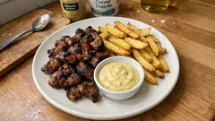 Talerz z frytkami, kawałkami mięsa i sosem musztardowym na drewnianym stole.